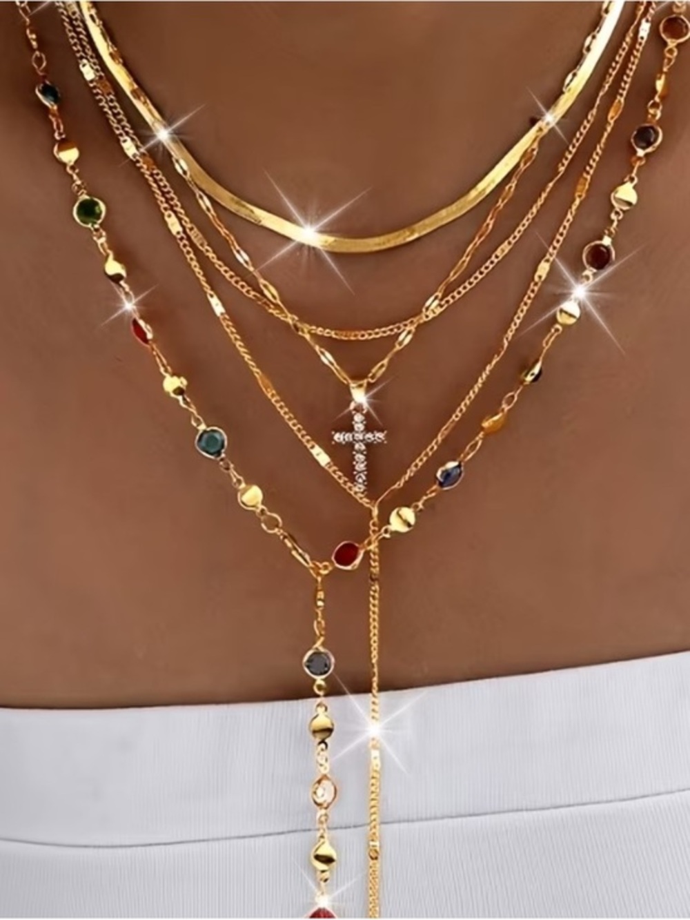 5 Pieces Gold Layered Multicolor Gemstone Cross Necklaces for Women